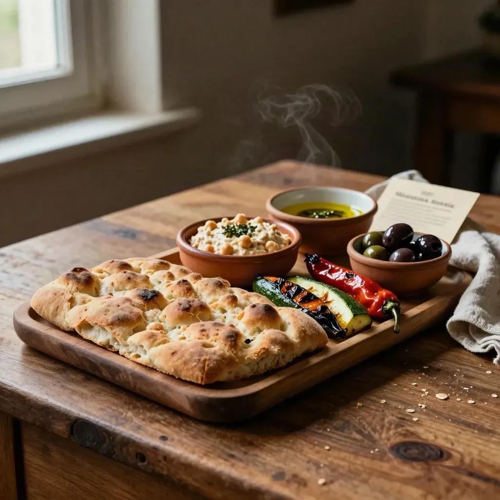 Vassoio di antipasti rustici con focaccia, verdure grigliate, crema di ceci e olive su tavolo di legno.