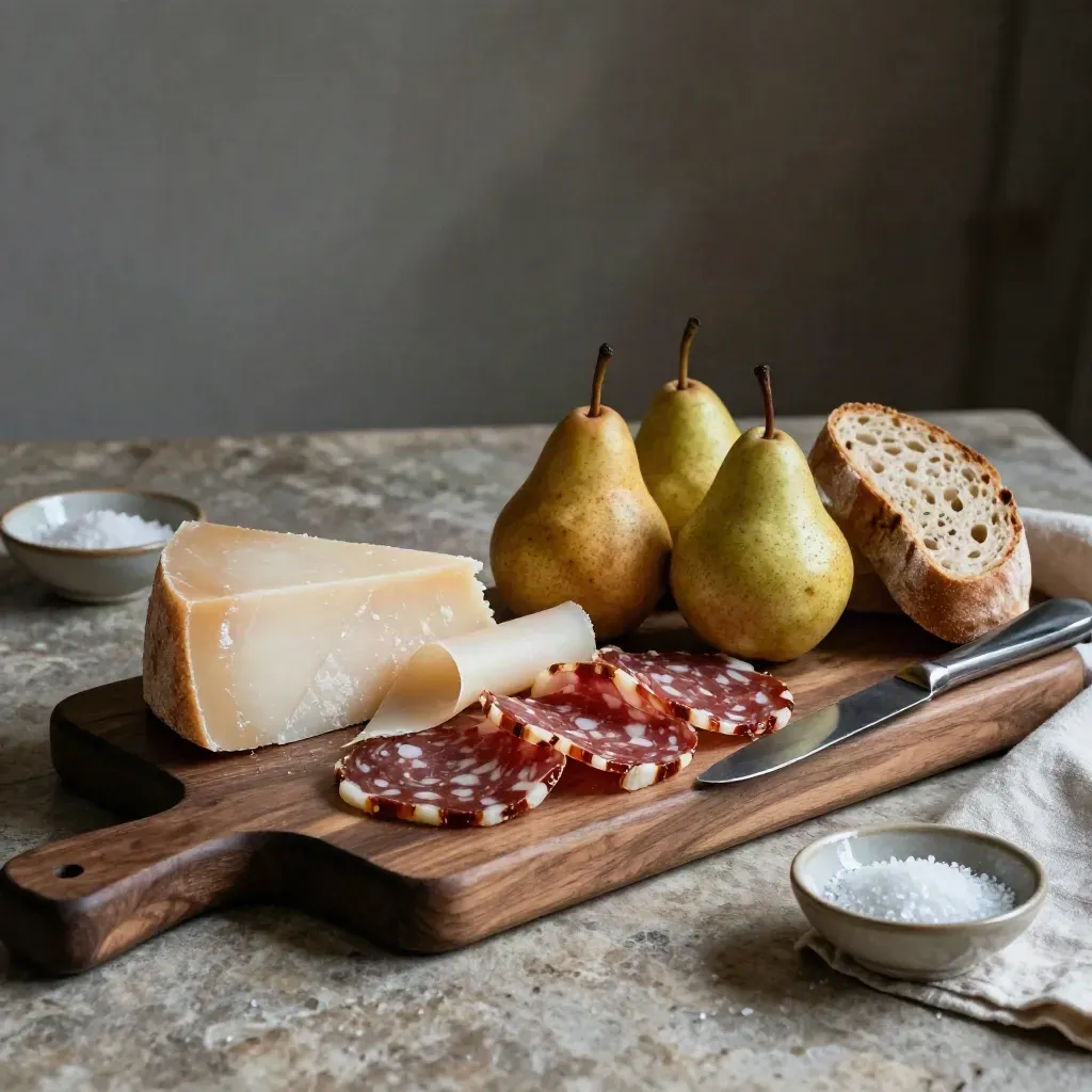 Tagliere rustico con formaggi, salumi, pere e pane su tavolo di pietra.