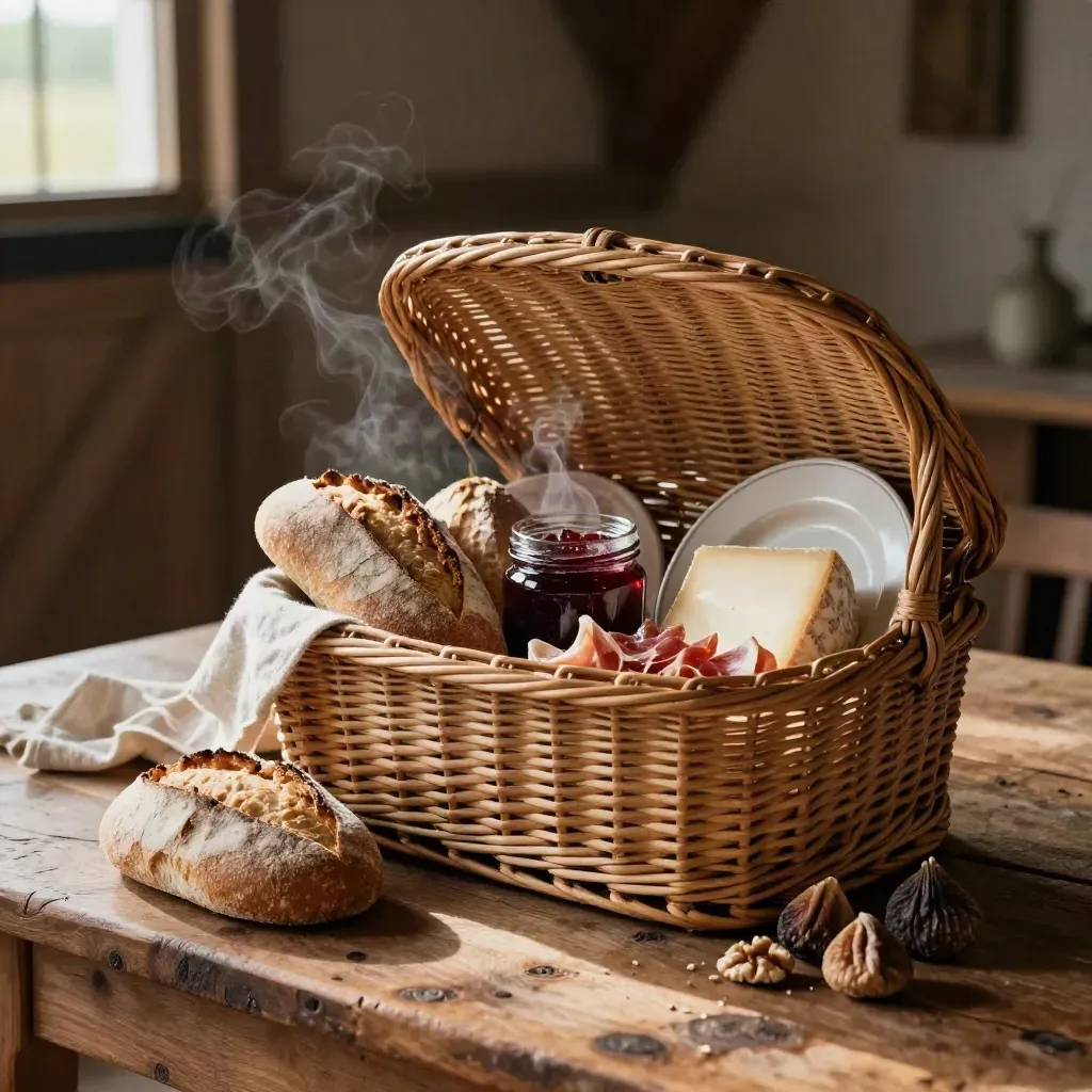 Cesta degustazione aperta su tavolo di legno, pane, formaggio, salumi, confettura e frutta secca.