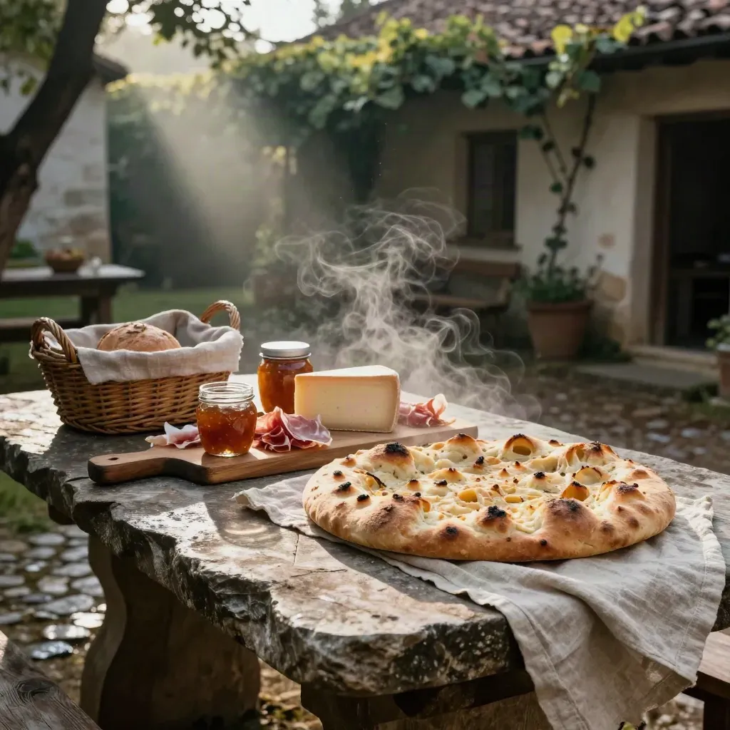 Tavolo agricolo in pietra con focaccia fumante, formaggi, salumi e conserve in un cortile rurale.