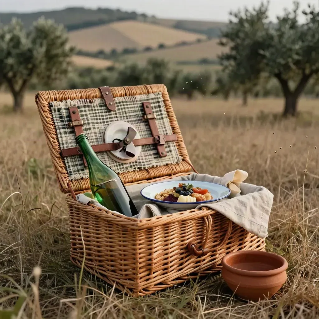 Cestino picnic con bottiglia, piatto freddo, dolce rustico e coperta su prato secco.