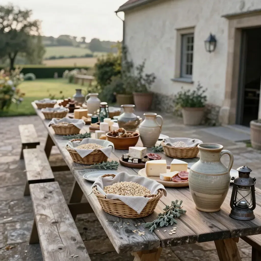 Tavolata rustica all’aperto con brocche, cestini e lanterne in un cortile di fattoria.