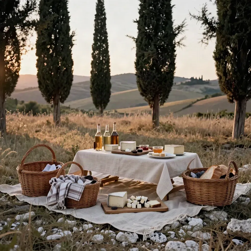 Picnic familiare pronto tra cipressi e pietra chiara, con cestini, plaid e taglieri al tramonto.