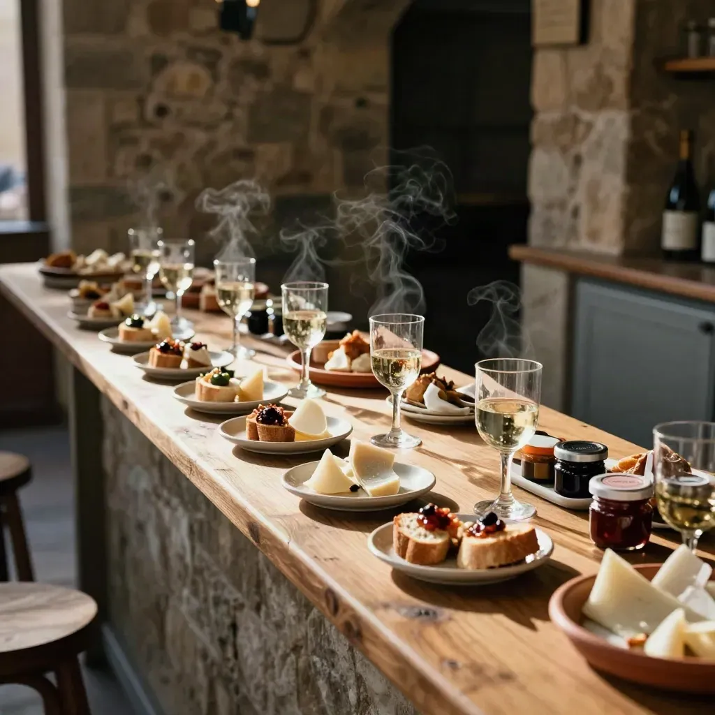 Banco rustico con assaggi locali, bicchieri piccoli e ciotole ordinate in una degusteria di campagna
