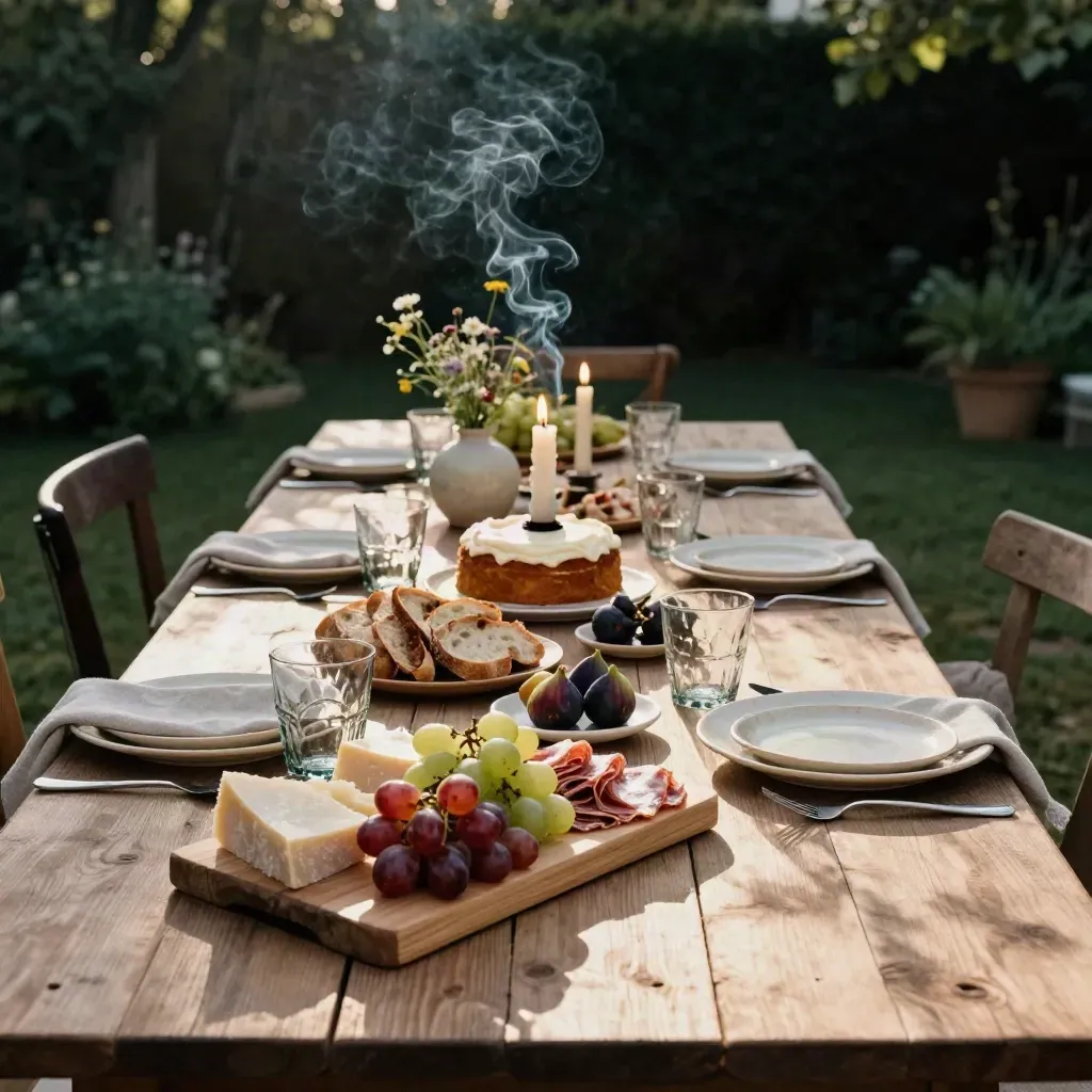 Tavola di compleanno rustica in giardino con taglieri, torta, candeline spente e fiori di campo.