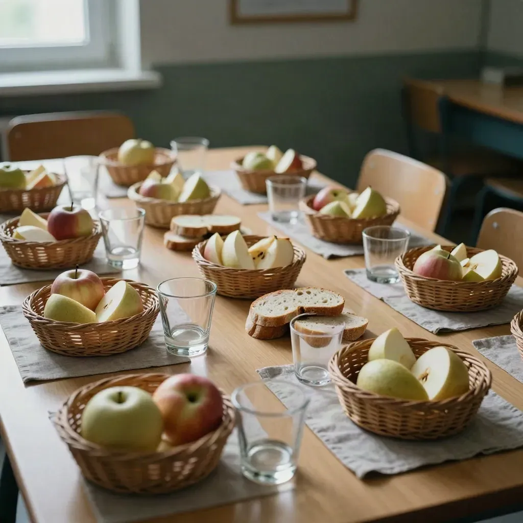 Merenda scolastica ordinata con cestini, frutta, pane e bicchieri su tavolo di legno chiaro