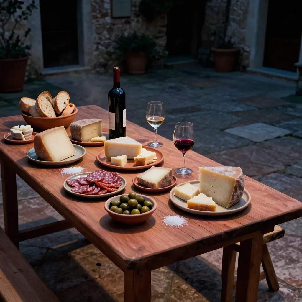 Tavola rustica pronta al crepuscolo in cortile con formaggi, salumi, vino e pane.