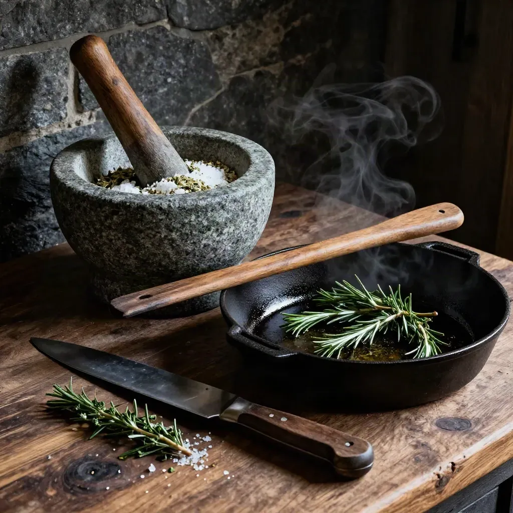 Mortaio con erbe pestate, padella in ghisa e utensili rustici su banco di cucina di campagna