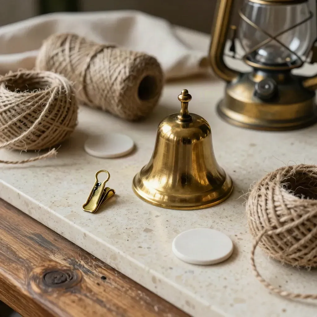 Campanella in ottone, spago, segnaposto in ceramica e lanterna su travertino.