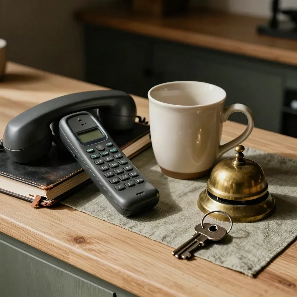 Telefono cordless, agenda in pelle, tazza, campanella e chiavi su banco rustico in luce radente.