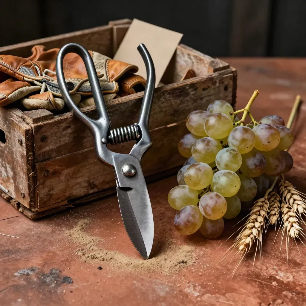 Forbici da potatura, uva, cassetta di legno e guanti su superficie terracotta, luce calda radente.