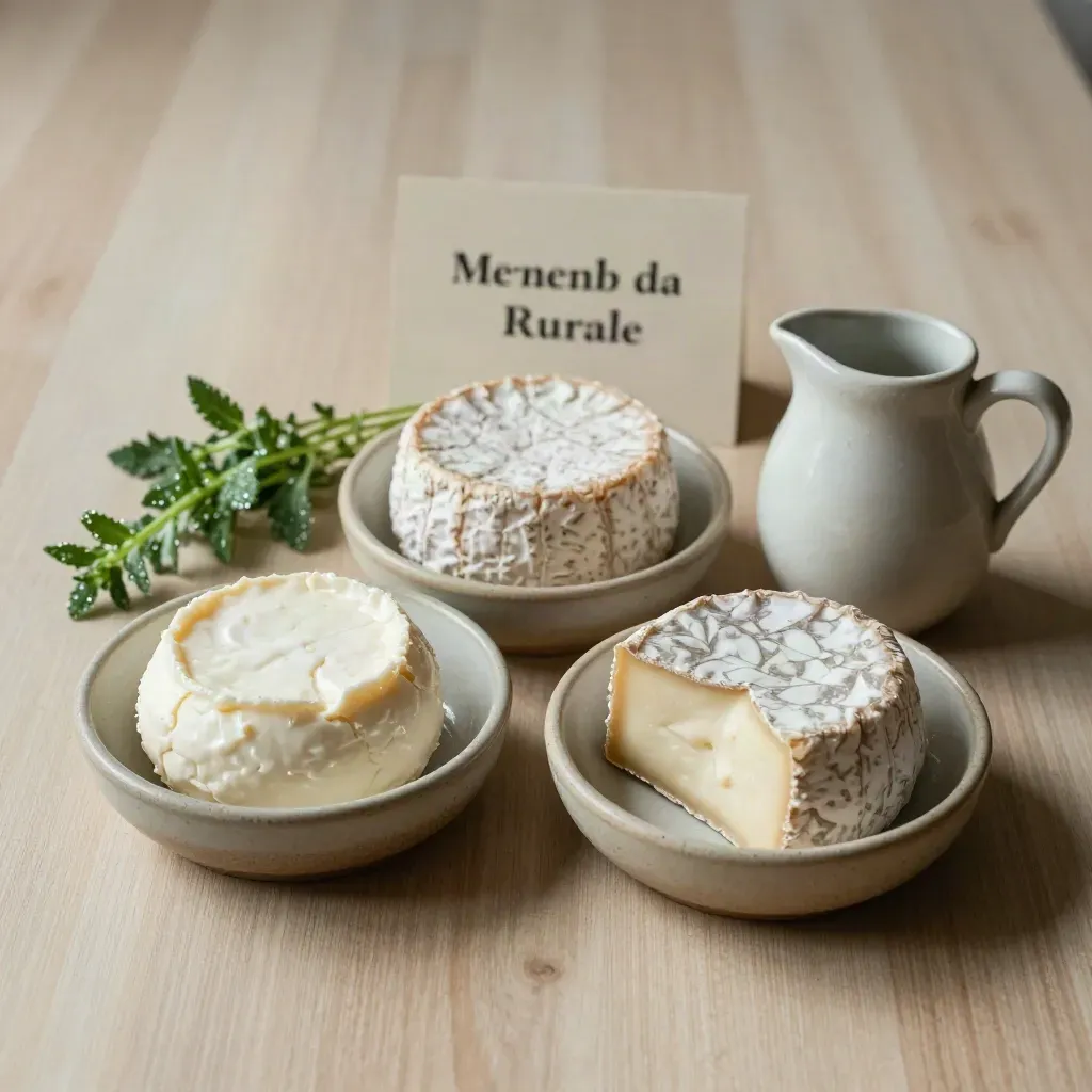 Tre ciotoline di formaggi con brocchetta ed erbe fresche su legno chiaro, vista dall’alto.