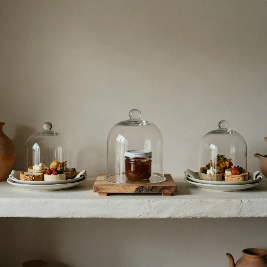 Tre set degustazione allineati con mini taglieri, vasetti chiusi e cloche su fondo chiaro.