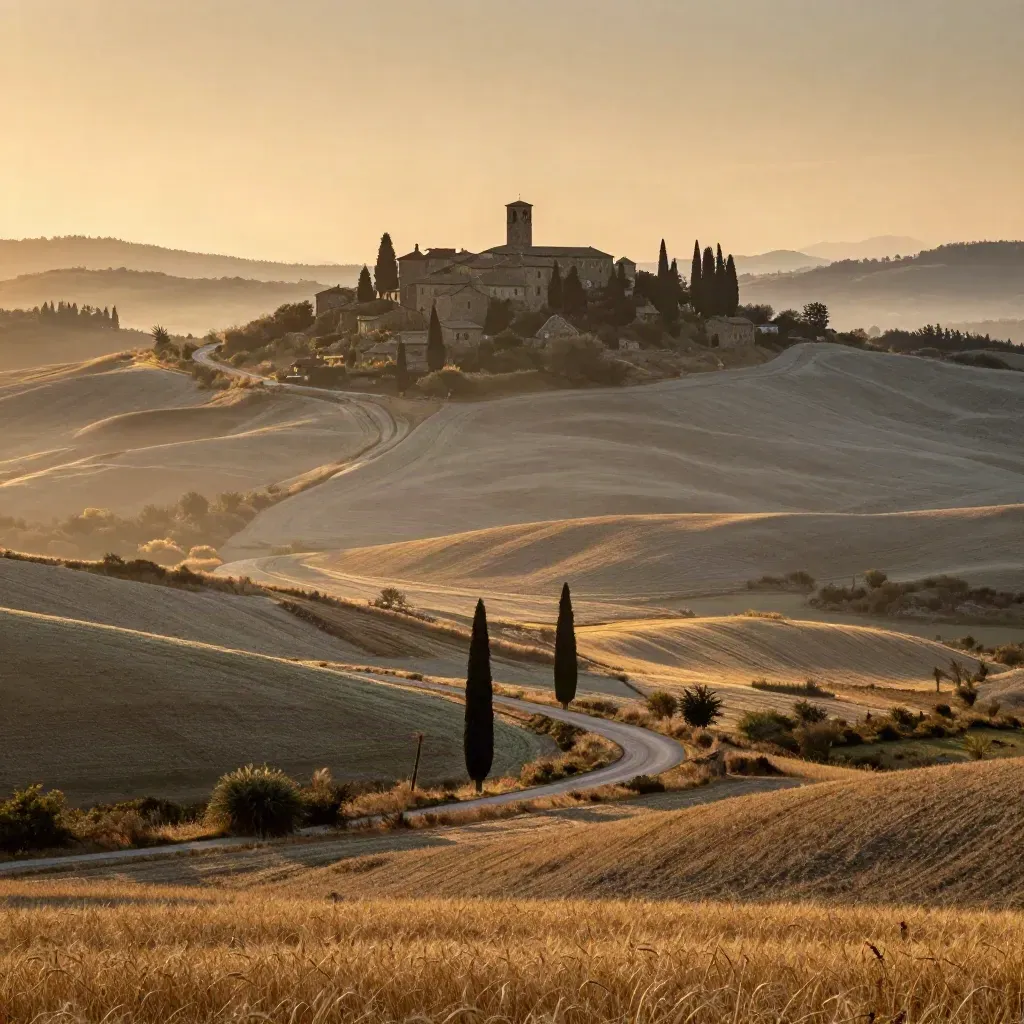Val d’Orcia al mattino con cipressi, borgo in alto e colline dorate nella bruma
