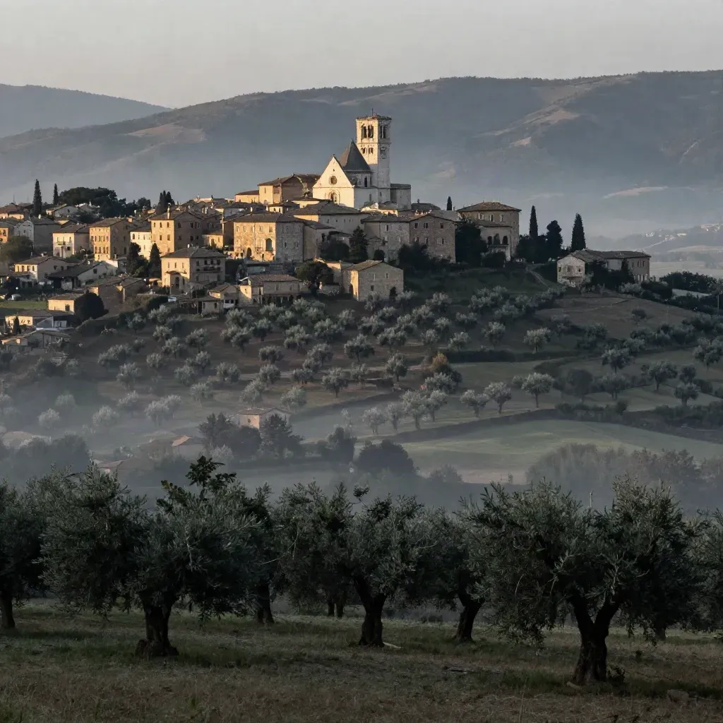 Assisi in alto con uliveti in pendio, valle velata e colline umbre scure
