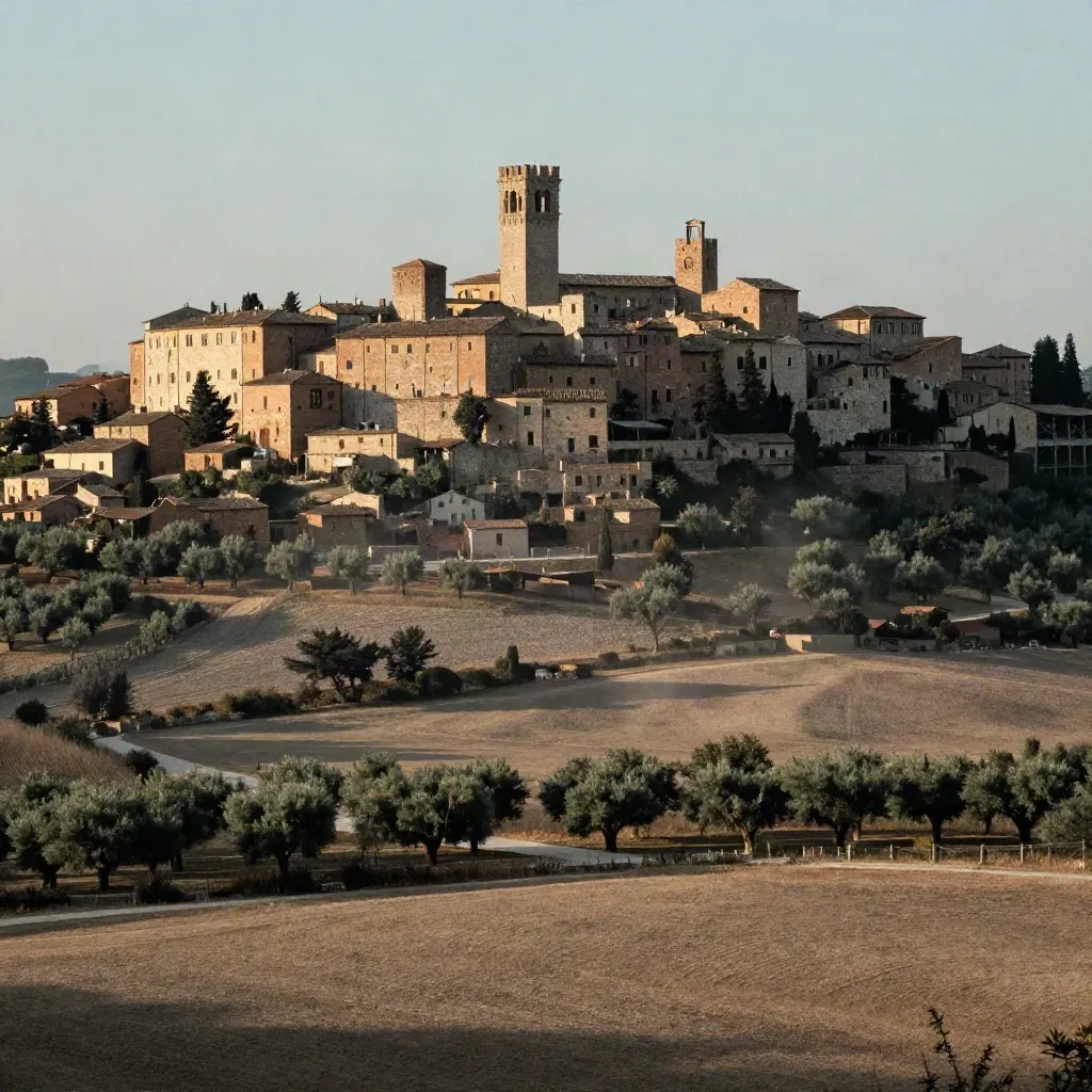 Urbino in alto su dorsale collinare, campagna morbida e luce calda del tardo pomeriggio.