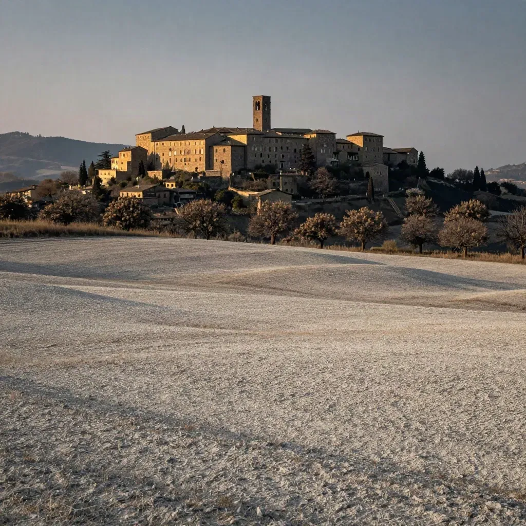 Viterbo in alto su piana di tufo, con noccioleti e foschia calda